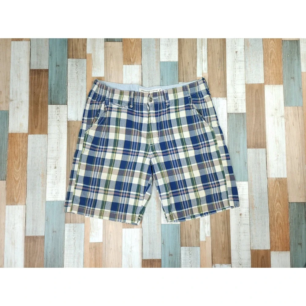 American Eagle Outfitters Mens Plaid Classic Length Shorts Blue Green White 34